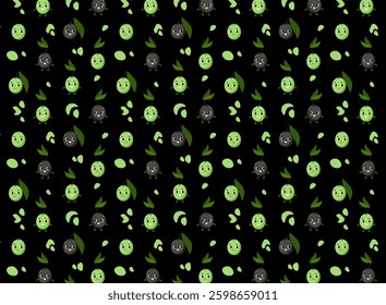 Vector seamless pattern with cute cartoon black and green olive characters