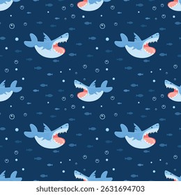 Vector Seamless Pattern with Cute Cartoon Sharks, Fish Silhouettes and Bubbles on Blue Background – Fun Ocean Design for Kids, Seasonal Decorations, Holiday Projects and Children’s Products