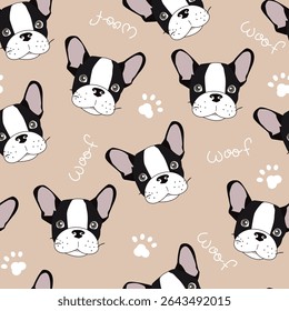 Vector seamless pattern with cute cartoon dog puppies. Can be used as a background, wallpaper, fabric and for other design.French Bulldog pattern