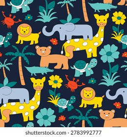 Vector seamless pattern with cute cartoon jungle animals. Colorful safari characters like elephant, giraffe, lion, turtle, crocodile and palm trees on dark background for kids fabric, nursery wallpaper, textile.