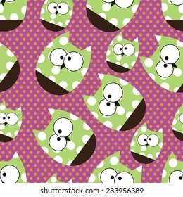 Vector seamless pattern with cute cartoon owls on polka dots background