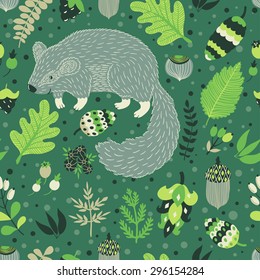 Vector seamless pattern with cute cartoon character and different floral elements: leaves, berries, branches, nuts, acorns and cones. Hand drawing forest background with cute smiling marmot