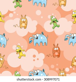 Vector seamless pattern with cute cartoon monsters on a pink background.