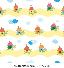 Vector seamless pattern with cute cartoon turtles bearing on themselves the houses.