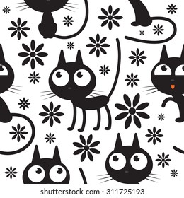 Vector seamless pattern with cute cartoon black cats and flowers on a white background.
