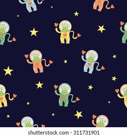 Vector seamless pattern with cute cartoon aliens. The humanoids flying in space.