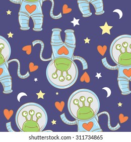 Vector seamless pattern with cute cartoon aliens. The humanoids flying in space.