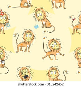 Vector seamless pattern with cute cartoon lions on a yellow background.
