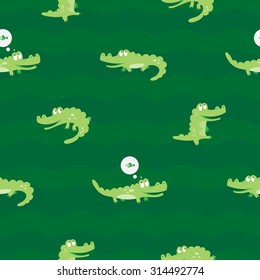 Vector seamless pattern with cute cartoon crocodiles on a green background.