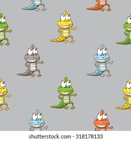 Vector seamless pattern with cute cartoon dragons on a gray background.