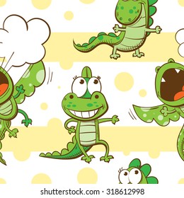 Vector seamless pattern with cute cartoon dragons on striped background.