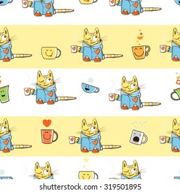 Vector seamless pattern with cute cartoon cats in pajamas and cups on a striped  background.