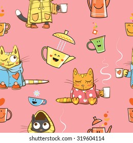Vector seamless pattern with cute cartoon cats in pajamas, teapots and cups on a pink background.