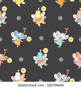Vector seamless pattern with cute cartoon elephants and hippopotamuses on  dark background.