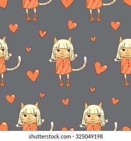 Vector seamless pattern with cute cartoon cats in dresses and hearts on a gray background.