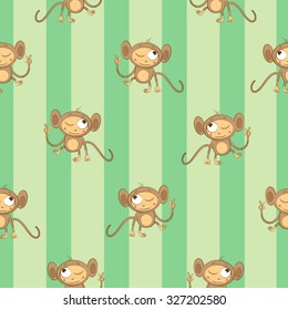 Vector seamless pattern with cute cartoon monkeys on a striped background.