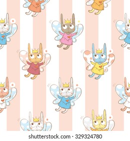 Vector seamless pattern with cute cartoon fairies hares  on a striped  background.