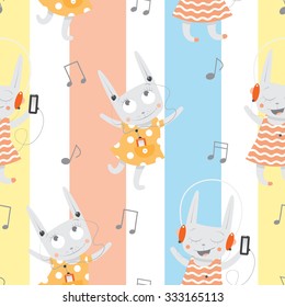 Vector seamless pattern with cute  cartoon rabbits listening to music on striped background.