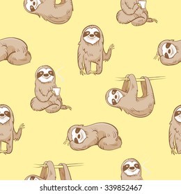 Vector seamless pattern with cute cartoon  sloth  on yellow  background.