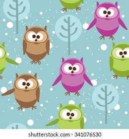 Vector seamless pattern with cute cartoon owls