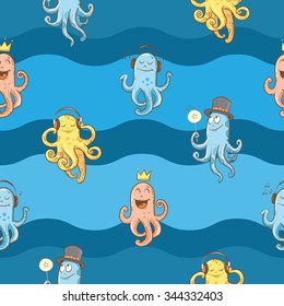 Vector seamless pattern with cute cartoon octopuses on  blue background.
