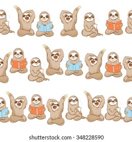 Vector seamless pattern with cute cartoon  sloth  on white   background.