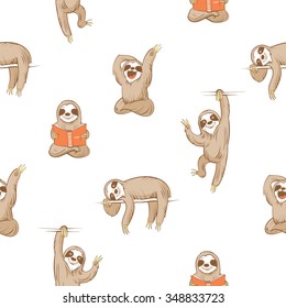 Vector seamless pattern with cute cartoon  sloth  on white  background.