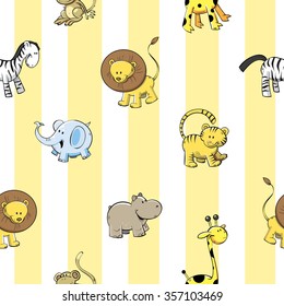 Vector seamless pattern with cute cartoon African animals on  striped background.