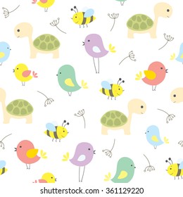 vector seamless pattern with cute cartoon birds, bees, turtle