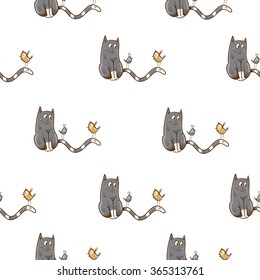 Vector seamless pattern with cute cartoon cats and birds on white background.
