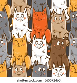 Vector seamless pattern with cute cartoon cats  on gray  background.