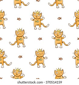 Vector seamless pattern with cute cartoon cats in a crown on  white  background.
