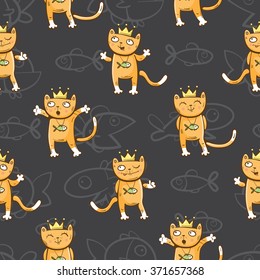 Vector seamless pattern with cute cartoon cats in a crown on  dark  background.