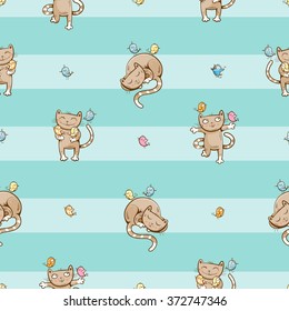 Vector seamless pattern with cute cartoon cats and birds on striped  background.