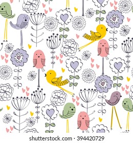 Vector Seamless pattern with cute  cartoon bird.