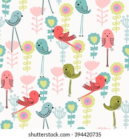 Vector Seamless pattern with cute  cartoon bird.