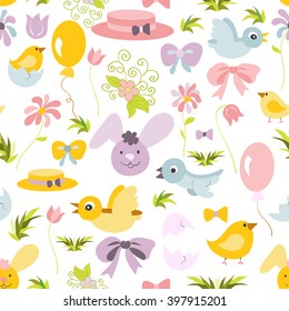 Vector seamless pattern with cute cartoon icons for Easter or spring design on white background.