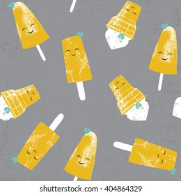 Vector seamless pattern with cute cartoon ice creams and cookies and spots in grunge style for textile, fabric, paper, fashion, scrapbooking and others