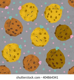 Vector seamless pattern with cute cartoon ice creams and cookies and spots in grunge style for textile, fabric, paper, fashion, scrapbooking and others