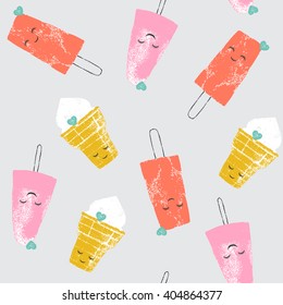 Vector seamless pattern with cute cartoon ice creams and cookies and spots in grunge style for textile, fabric, paper, fashion, scrapbooking and others