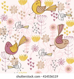 Vector Seamless pattern with cute  cartoon bird.
