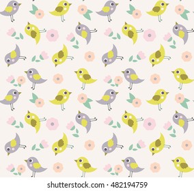 Vector seamless pattern with cute cartoon birds on light background