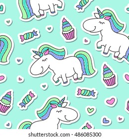 vector seamless pattern of cute cartoon unicorns, baby background with paper stickers