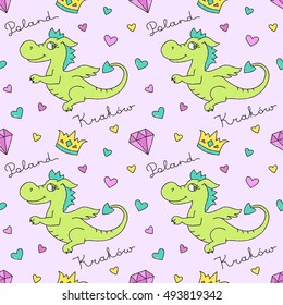 vector seamless pattern of cute cartoon dragons, crowns and diamonds, texture for souvenirs