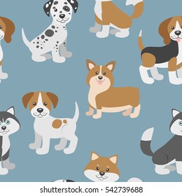 Vector seamless pattern with cute cartoon dog puppies on blue background