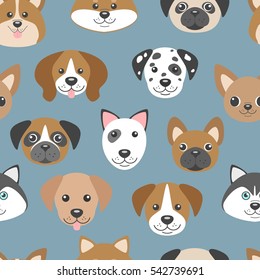 Vector seamless pattern with cute cartoon dogs muzzles on blue background