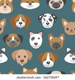 Vector seamless pattern with cute cartoon dog muzzles