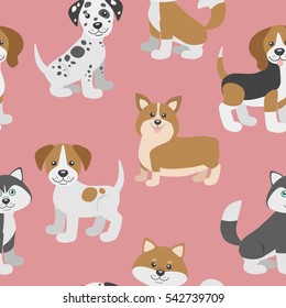 Vector seamless pattern with cute cartoon dog puppies.