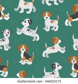 Vector seamless pattern with cute cartoon dog puppies. Beagle, dalmatian, jack russell terrier