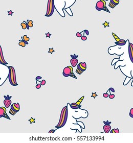 Vector seamless pattern of cute cartoon unicorns and sweets, baby background.